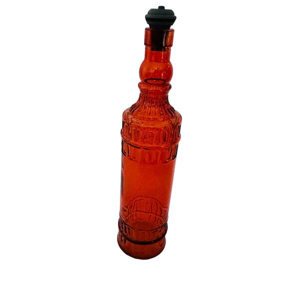 Embossed Design Orange Colored Glass Bottle with Stopper Round EMPTY - Picture 1 of 5
